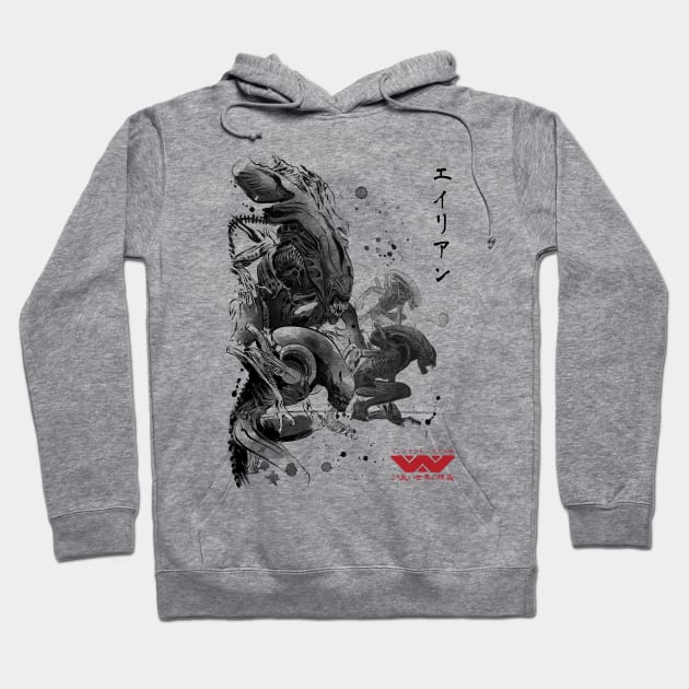 Xenomorph invasion sumi-e Hoodie by DrMonekers